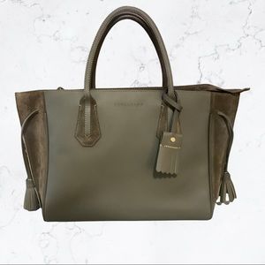 LONGCHAMP PENELOPE Medium Tote Bag Fringe Tassel Suede and Leather Forest green